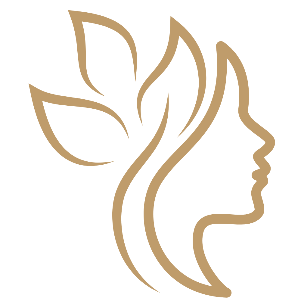 Silueta de rostro de mujer con cabello suelto y hojas, en dorado.