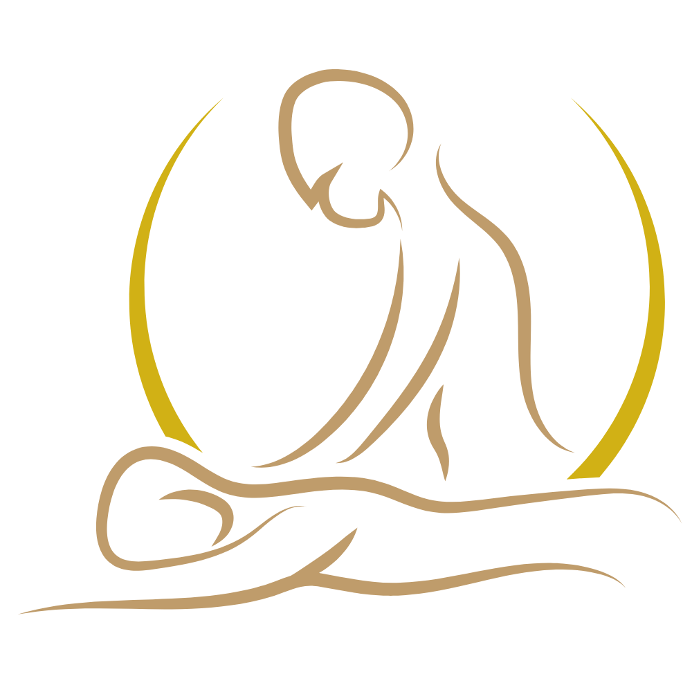 Silueta de una persona recibiendo un masaje, otra persona dando el masaje, en un arco dorado.