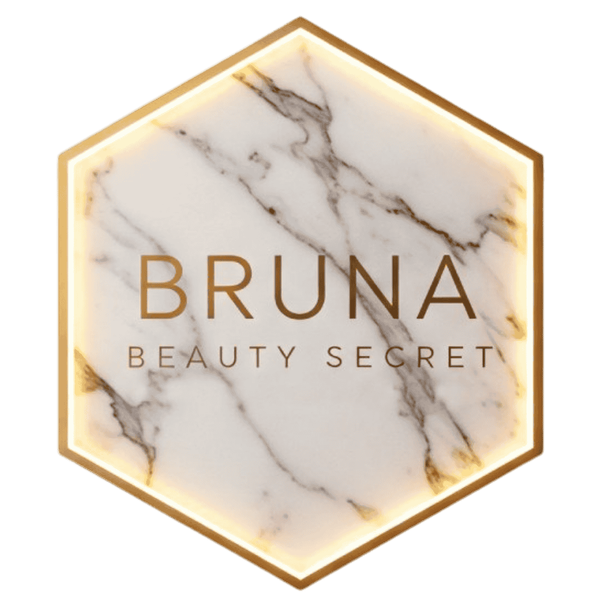 Logotipo hexagonal con detalles dorados y fondo de mármol; el texto dice "BRUNA BEAUTY SECRET".