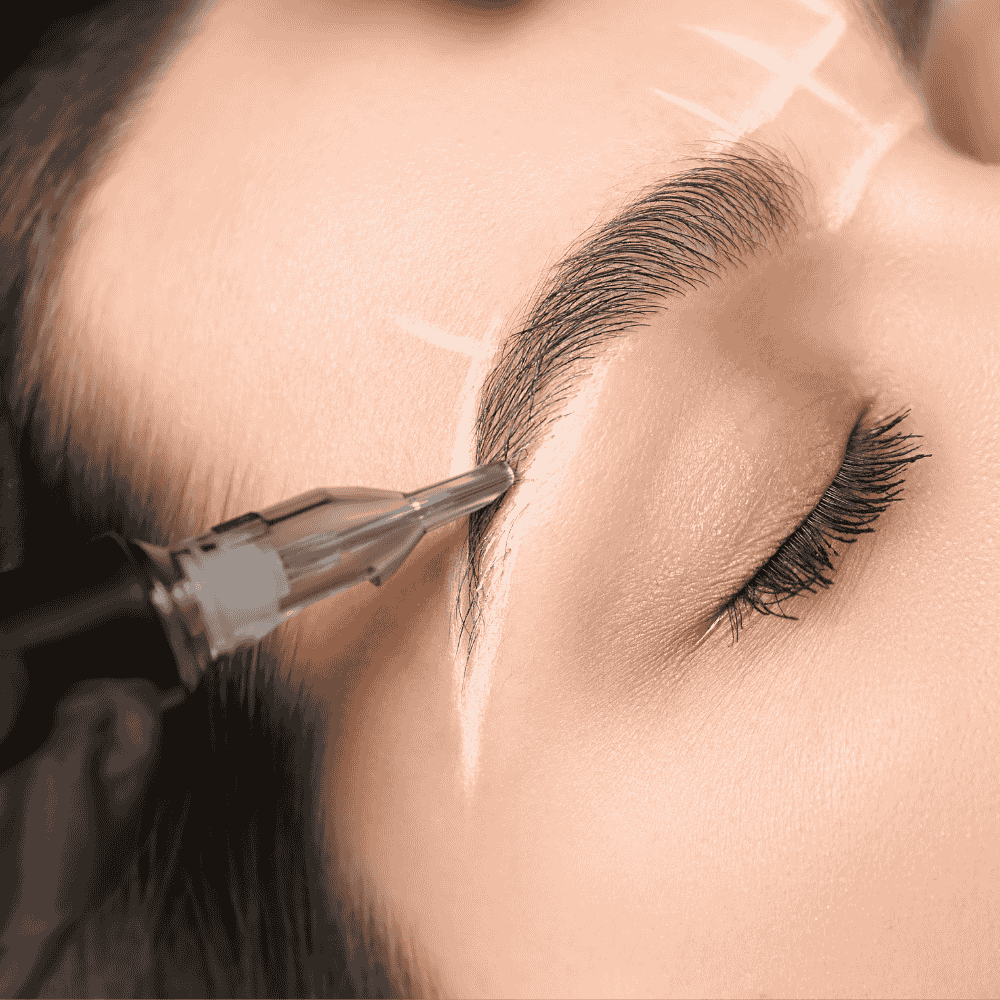 Microblading de cejas en proceso: aguja cerca de la ceja, piel con líneas de marcado, ojo cerrado.