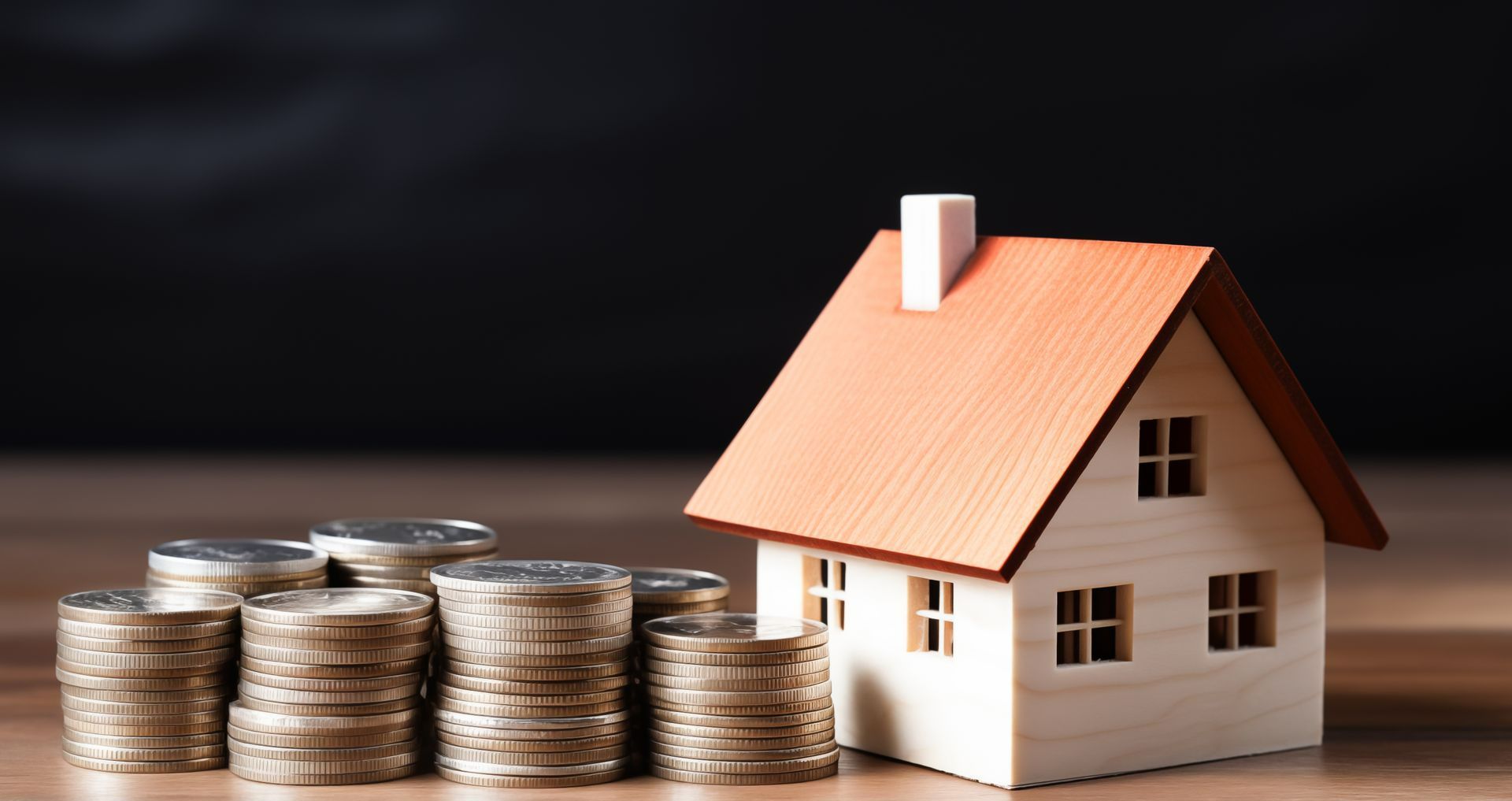 Figurine de maison avec des piles de pièces de monnaie