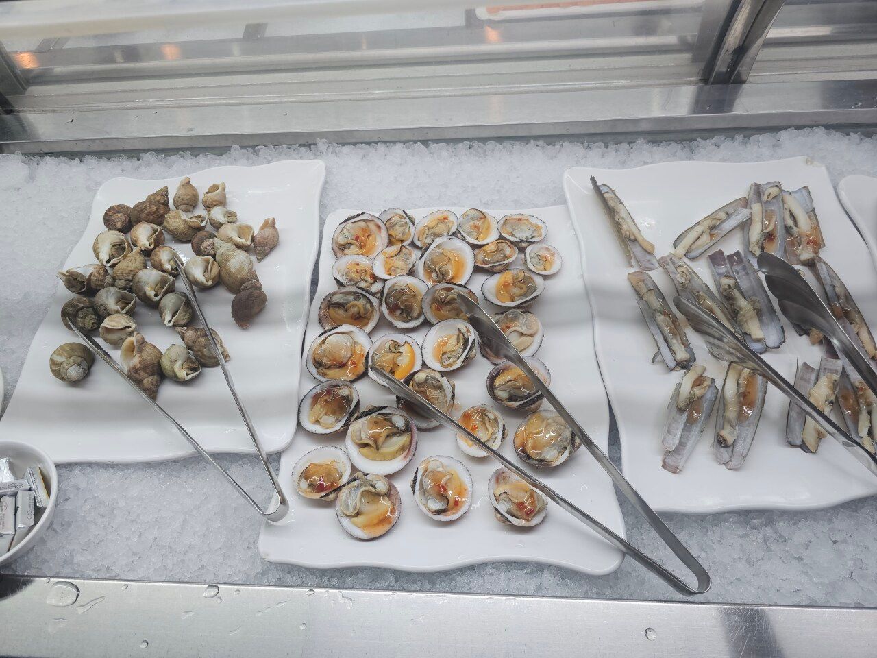 Un buffet de trois assiettes de fruits de mer crus — bulots, palourdes et couteaux — disposées sur un lit de glace pilée.