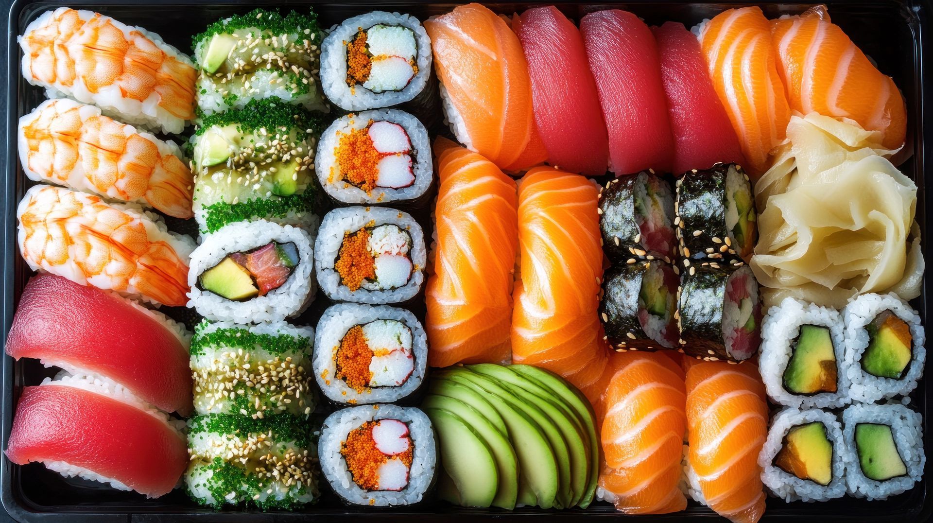 Un plateau de sushis, comprenant des nigiris au saumon et au thon, des tranches d'avocat et du gingembre mariné.