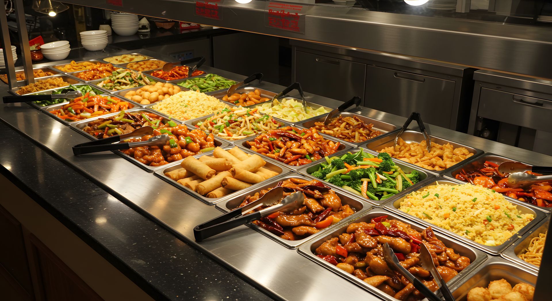 Un buffet proposant une variété de plats asiatiques dans des chauffe-plats en métal.