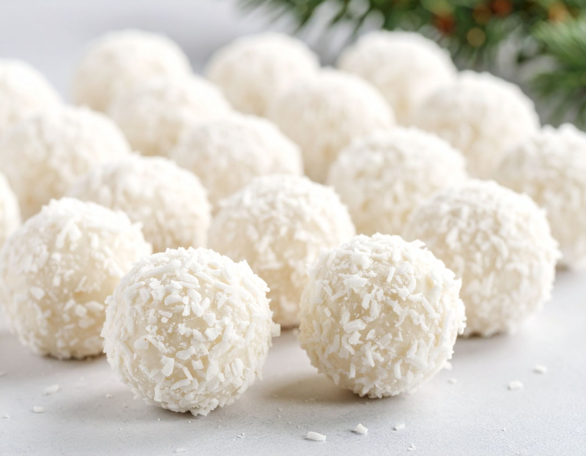 Assortiment de boules de noix de coco, disposées sur une assiette.
