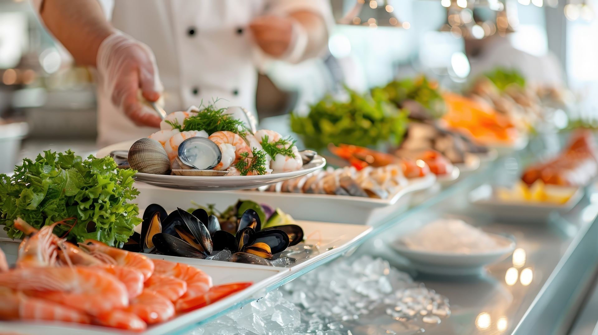 Un chef en uniforme sert des fruits de mer à un buffet, avec des assiettes de crevettes, de moules et de légumes verts.