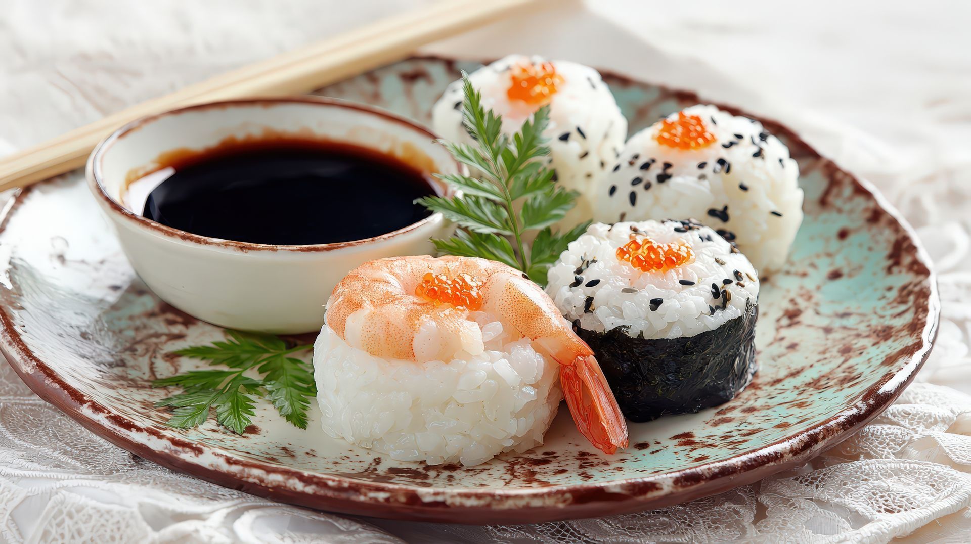 Petite assiette avec des nigiris aux crevettes, deux boulettes de riz garnies de graines de sésame et une sauce soja.