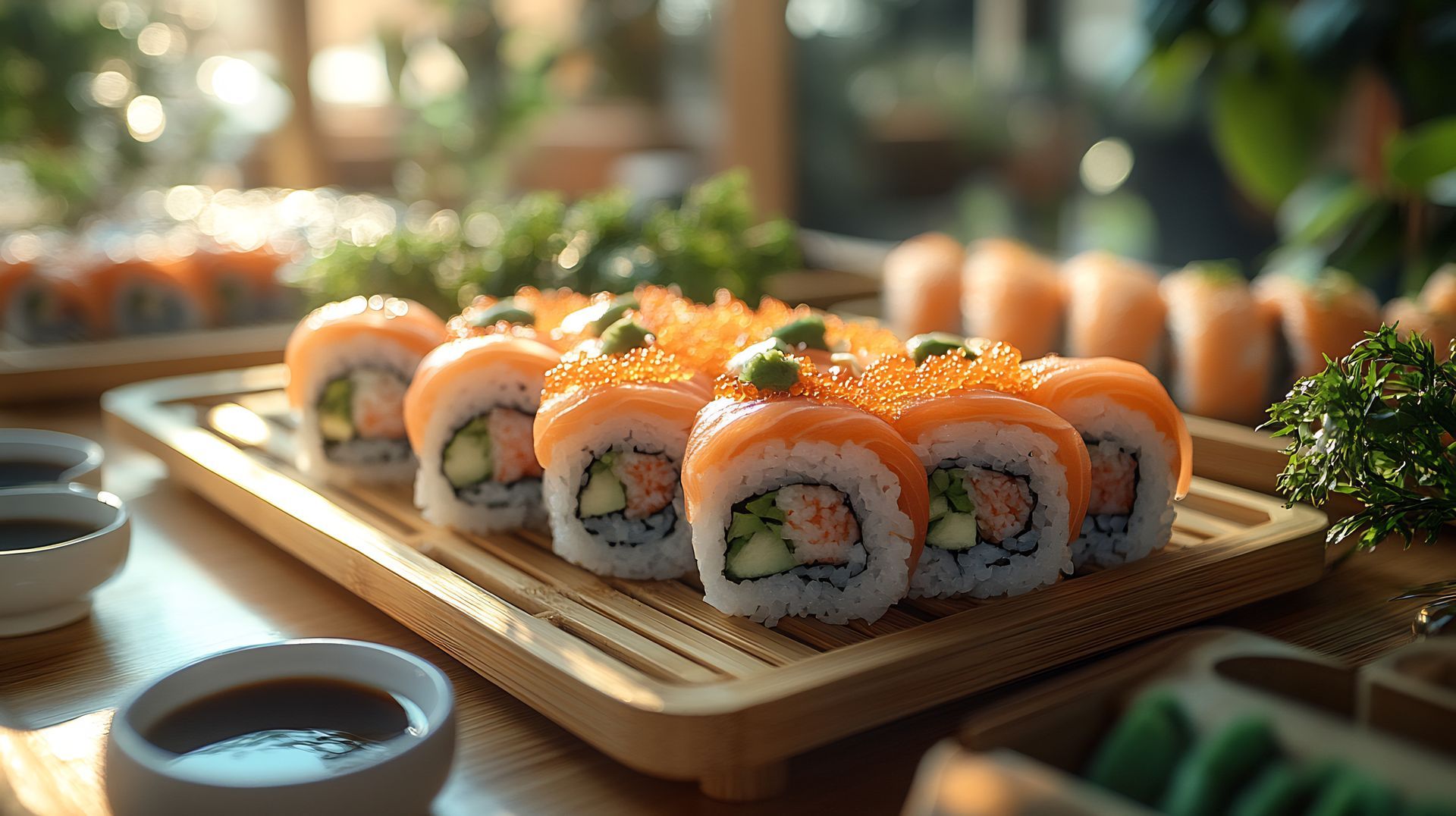 Un plateau garni de sushis au saumon et au concombre, agrémentés d'œufs de poisson et de wasabi, servis avec de la sauce soja.