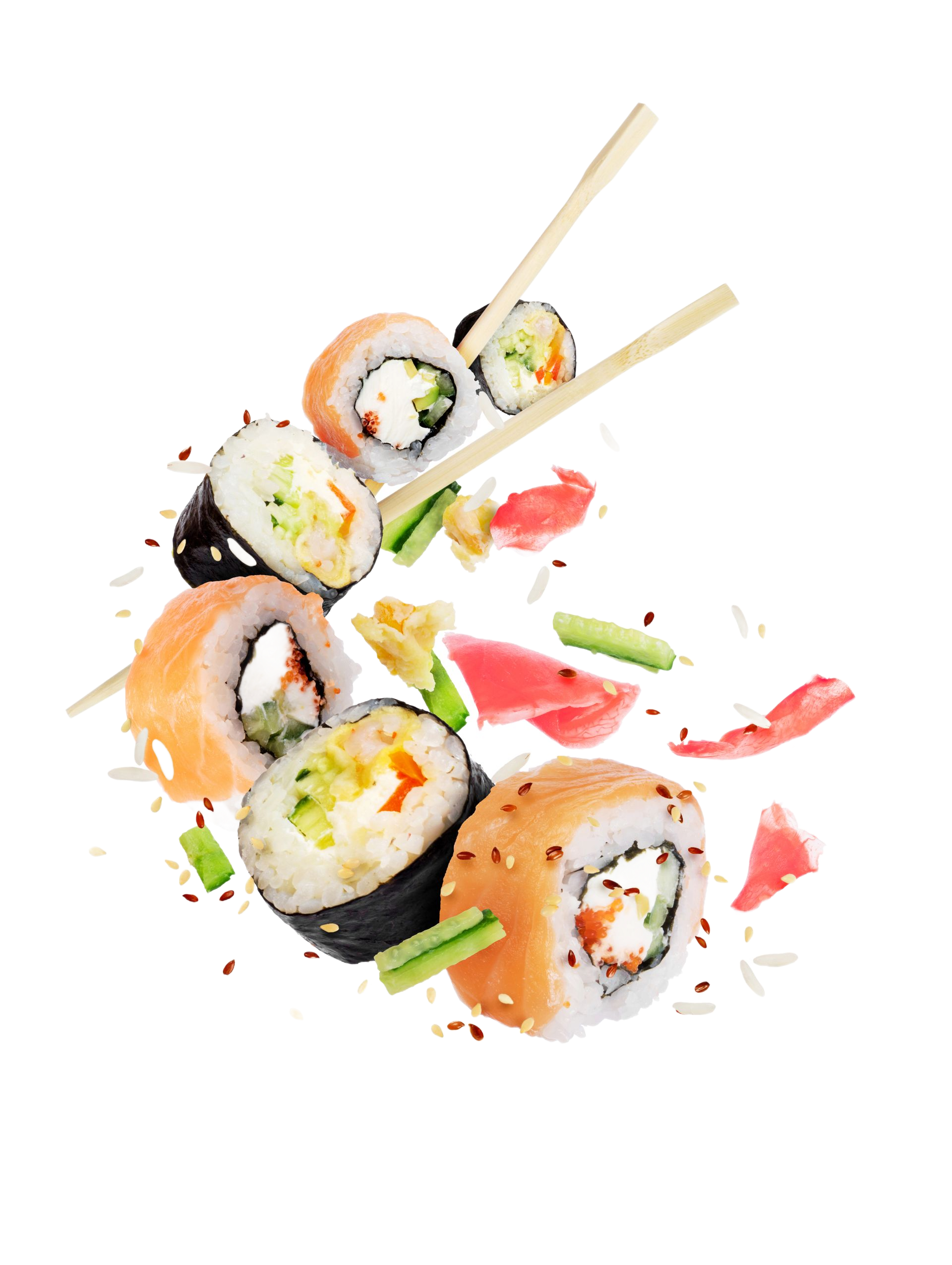 Divers rouleaux de sushi, tranches de gingembre et morceaux de concombre flottent dans l'air.