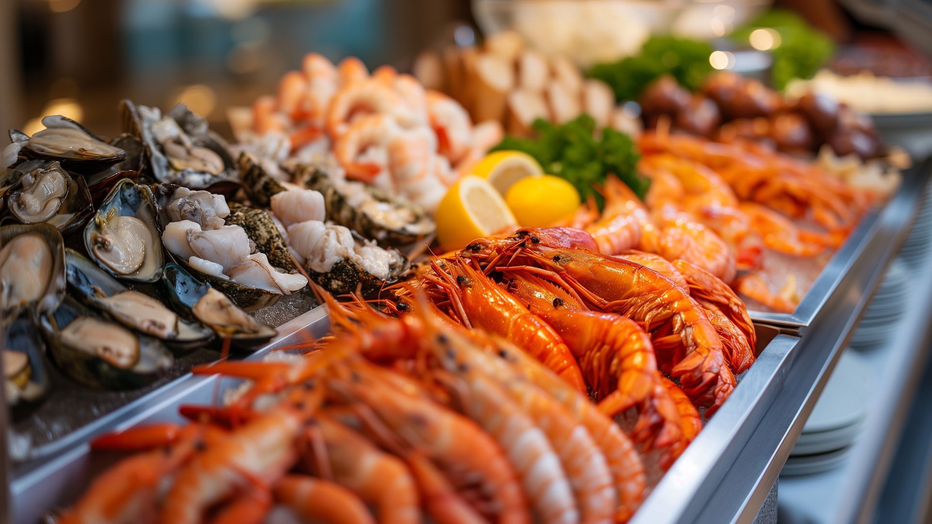 Un buffet présentant une sélection de fruits de mer frais, notamment des crevettes cuites et des huîtres ouvertes sur glace.