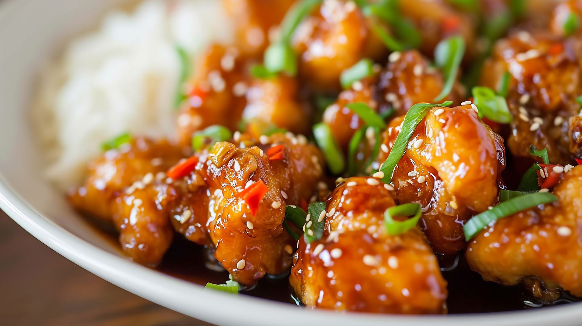 Poulet croustillant, nappé d'une sauce savoureuse aux graines de sésame, oignons verts et piment rouge, servi avec du riz.