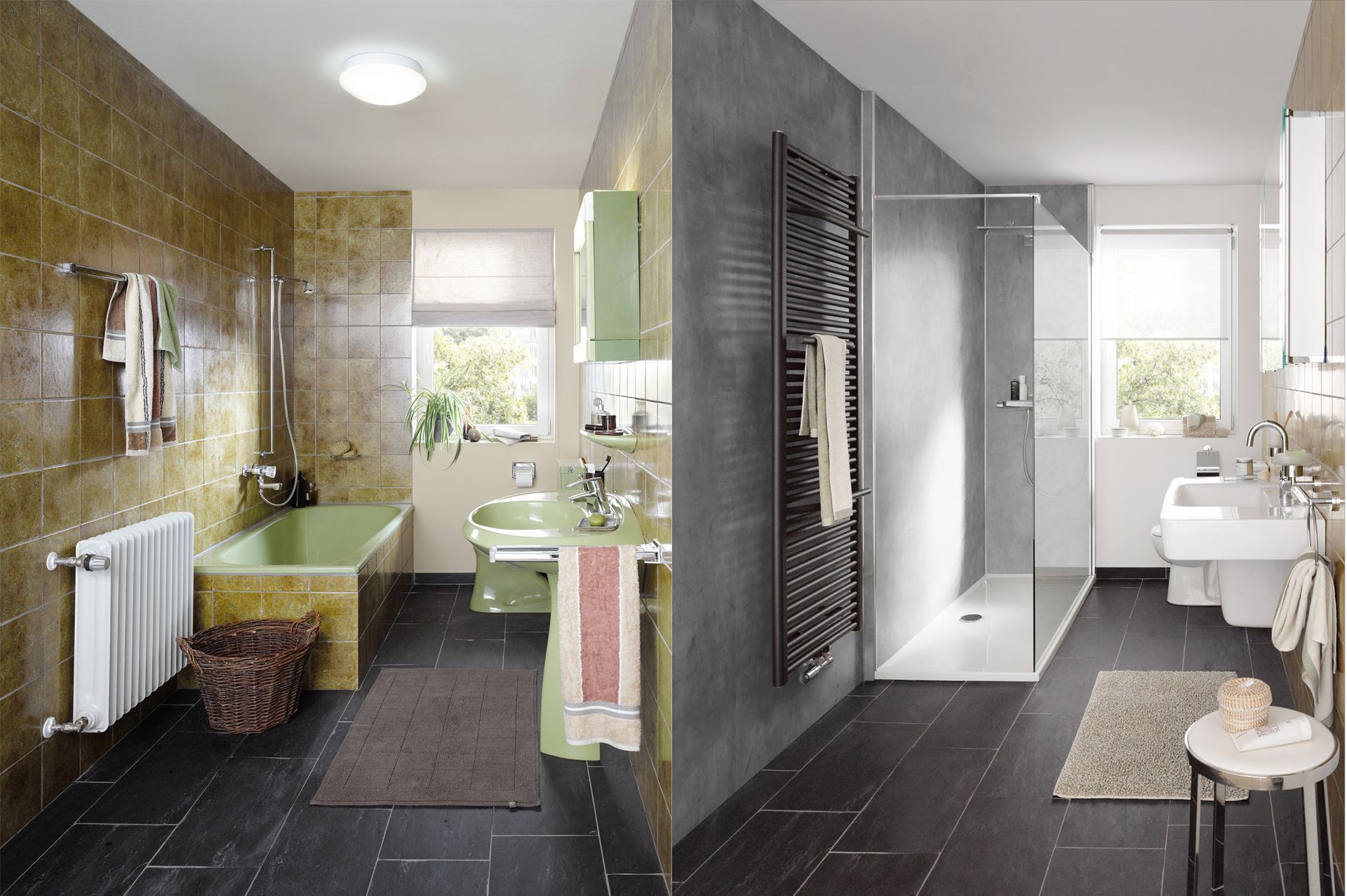 Modernes Badezimmer mit zwei Waschbecken, grün gefliestem Badewannenbereich und einer Glasdusche auf dunklen Bodenfliesen.