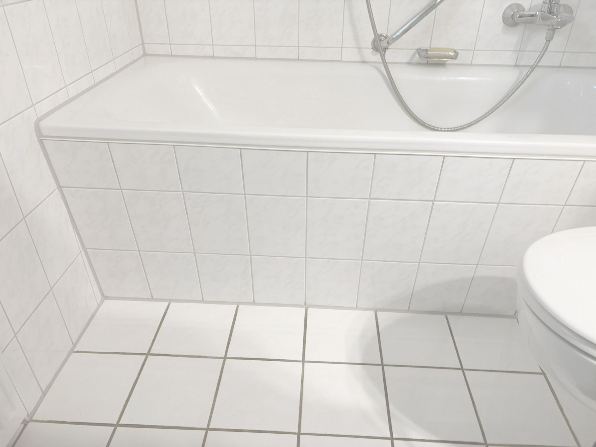 Weiß gefliestes Badezimmer mit Badewanne, Duschschlauch und sichtbarem Toilettenrand