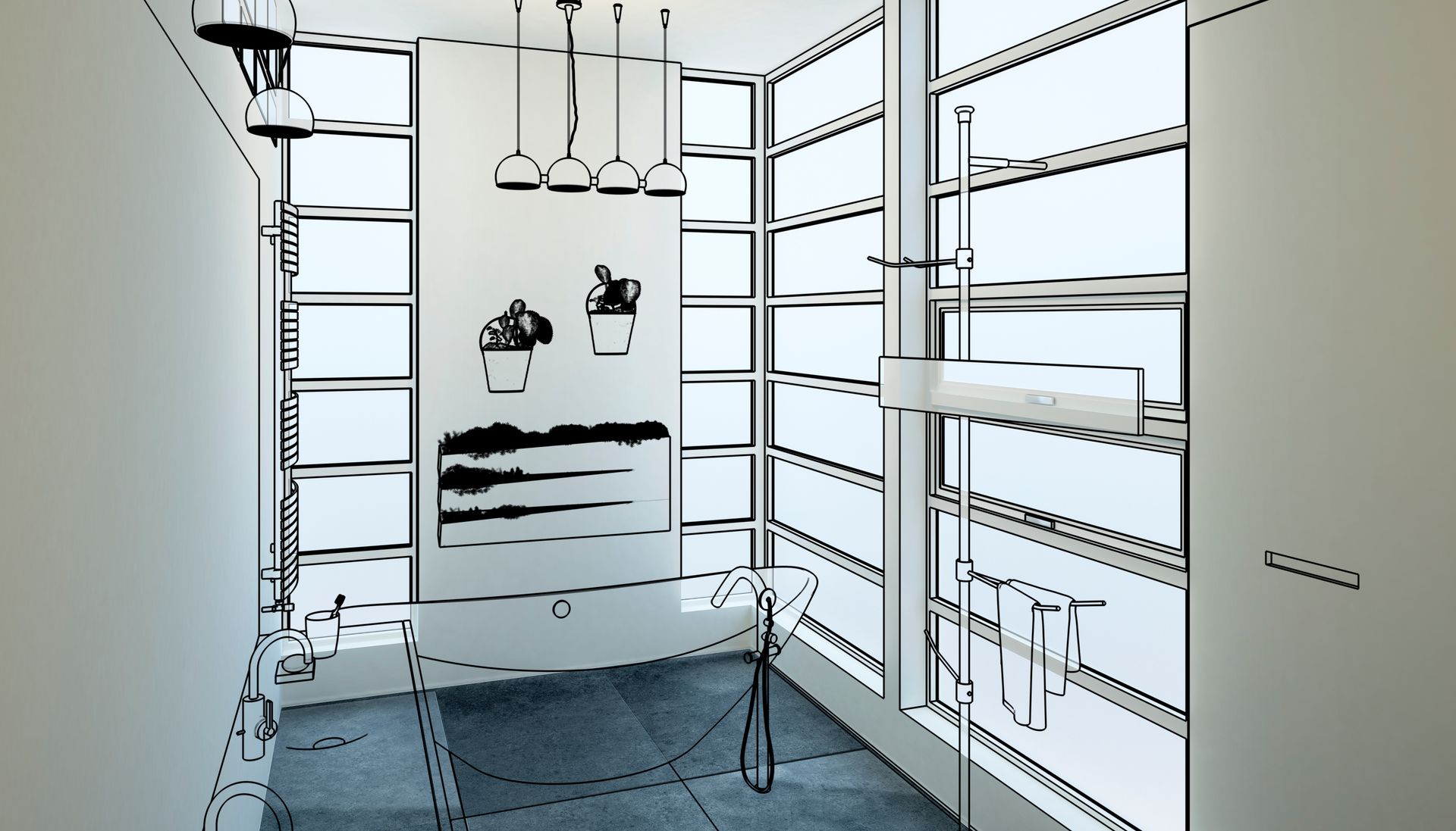 Croquis d'une salle de bains avec grande fenêtre, étagères, suspensions lumineuses et lavabo.