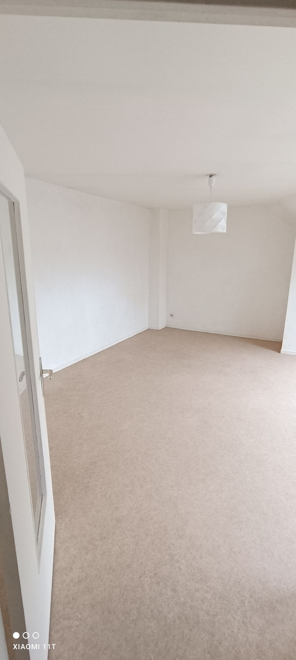 Pièce vide avec murs et moquette blancs, un plafonnier et une porte sur la gauche.