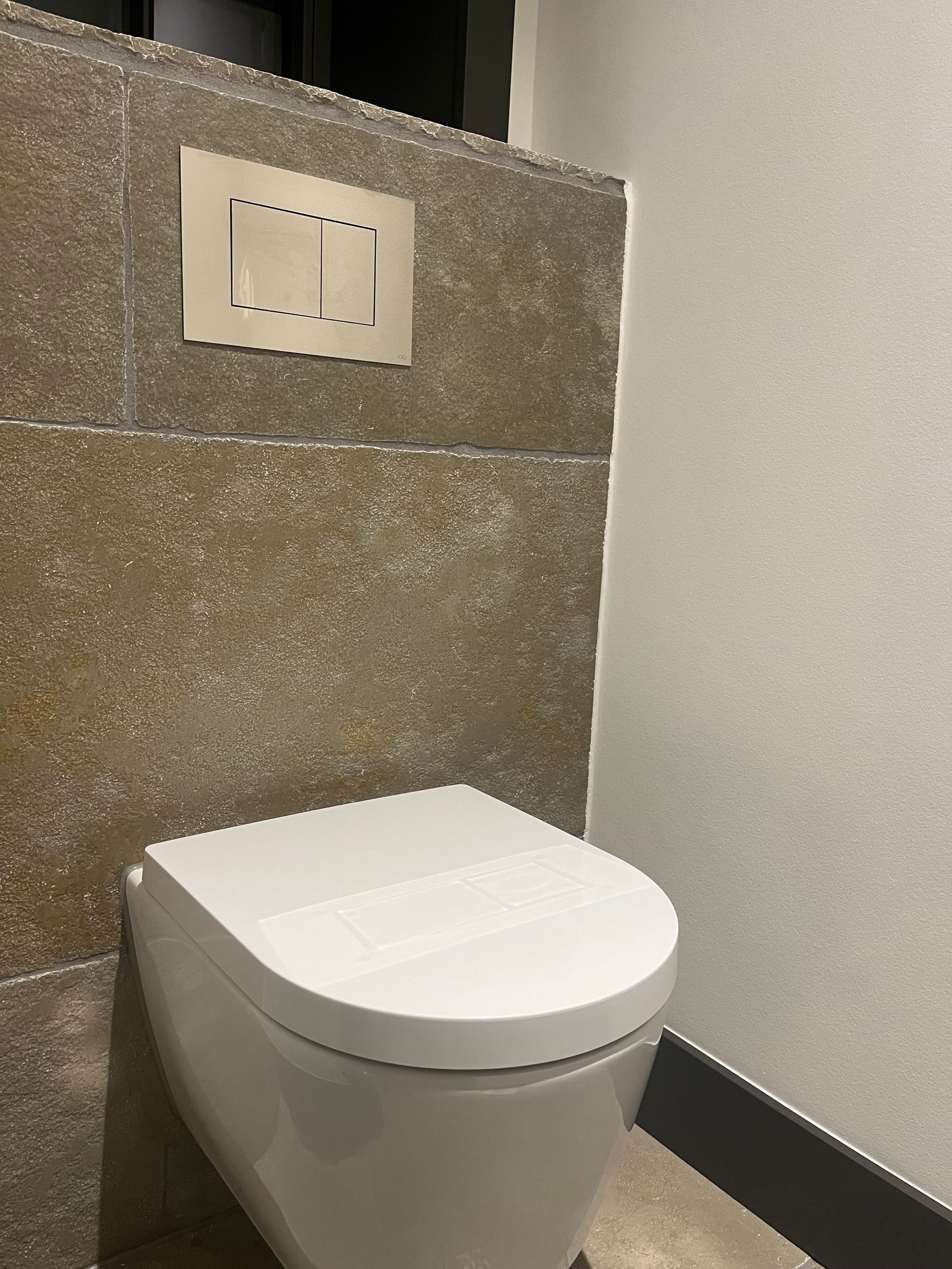 Toilette mit weißem Sitz und Spülplatte an einer strukturierten braunen Wand in einem modernen Badezimmer.
