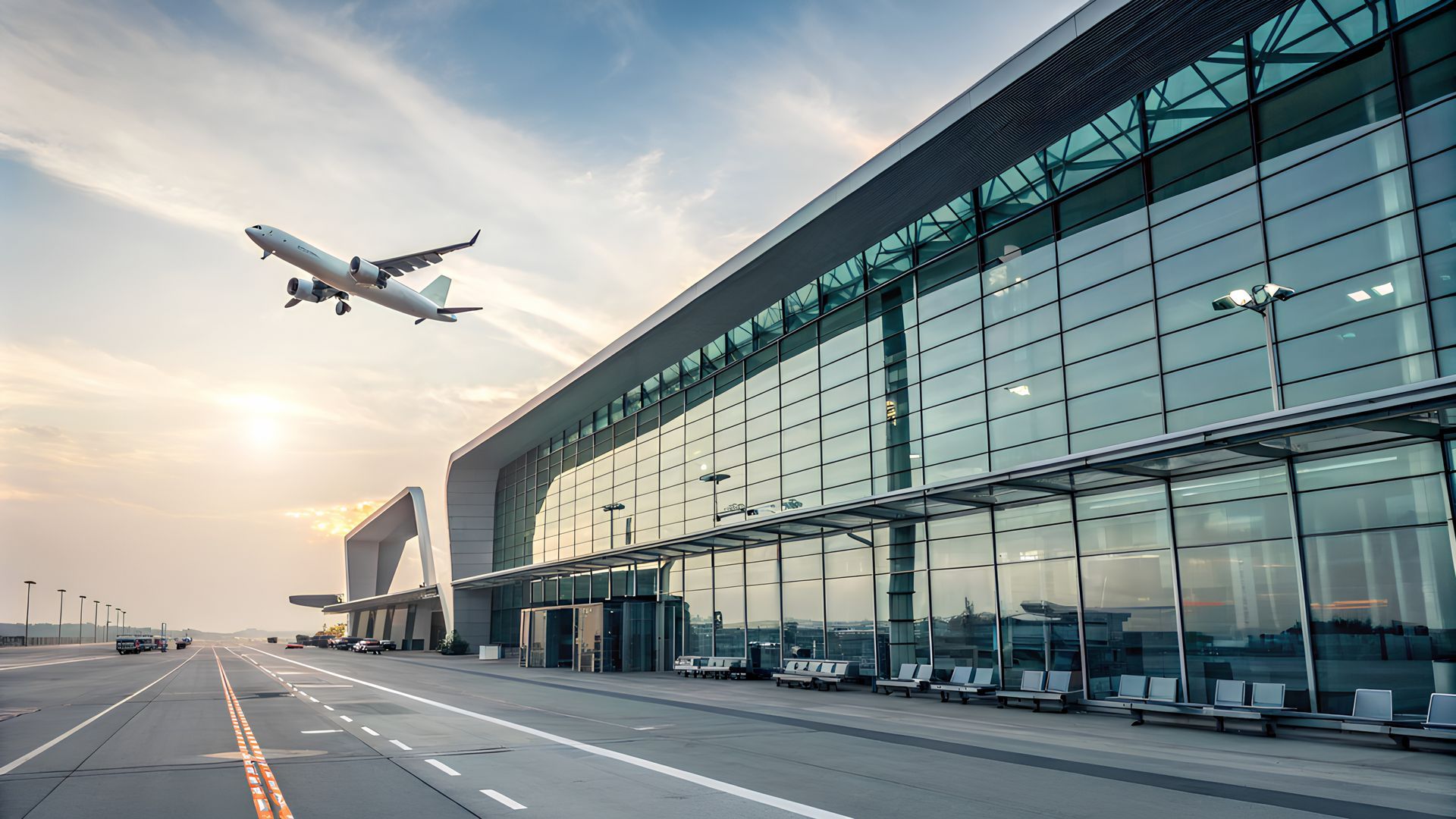 Terminal d'aéroport avec un avion décollant à côté d'un hall vitré au coucher du soleil.