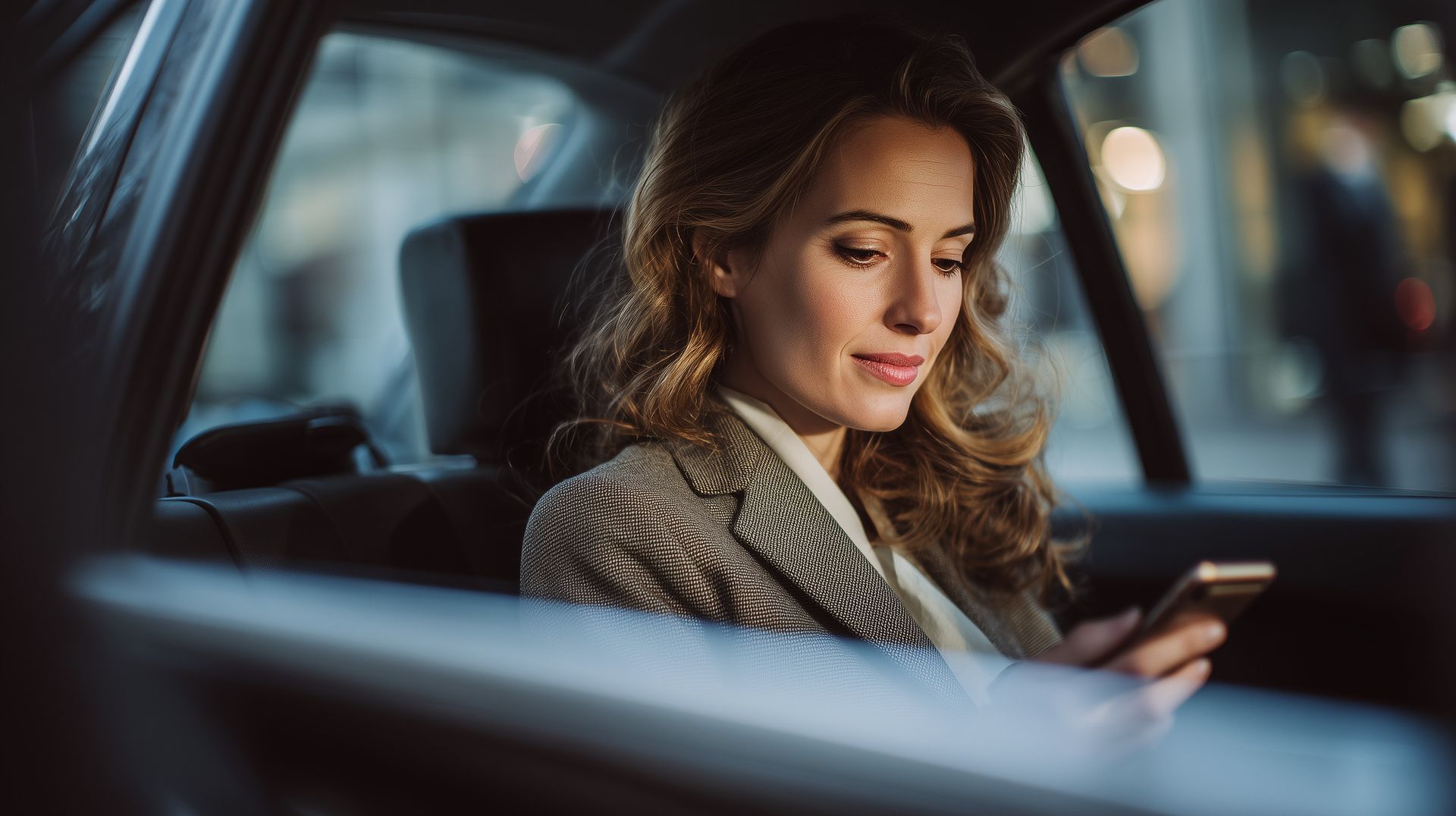 Une femme dans une voiture regarde son téléphone, vêtue d'un manteau à motifs, avec les lumières de la ville floues à l'extérieur.