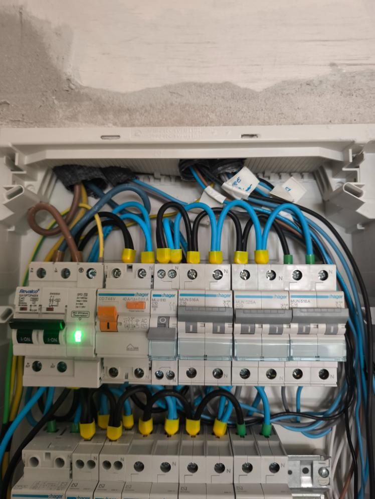 Panel de disyuntores eléctricos abierto con filas de interruptores y cableado azul, amarillo y negro