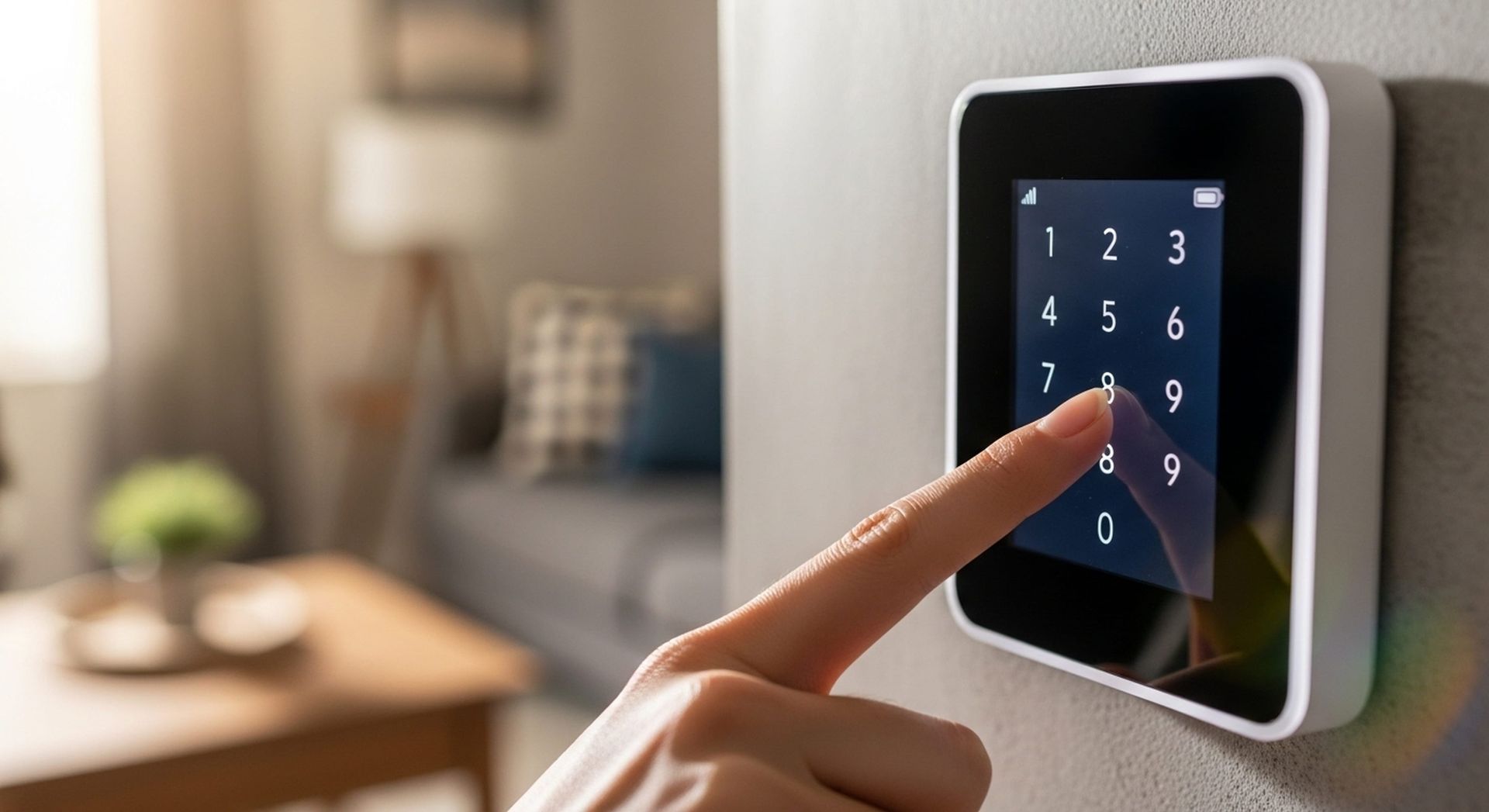 Un dedo introduce un código en un teclado táctil montado en la pared de una vivienda.