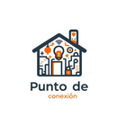 Logo de &ldquo;Punto de conexi&oacute;n&rdquo; con una casa, bombilla y s&iacute;mbolos tecnol&oacute;gicos en gris y naranja.