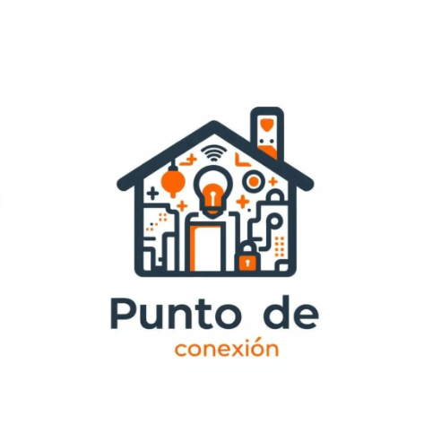 Logo de “Punto de conexión” con una casa, bombilla y símbolos tecnológicos en gris y naranja.