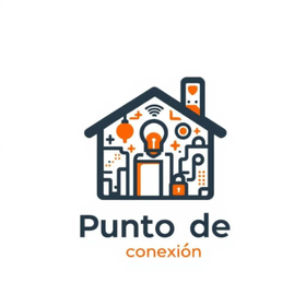 Logo de &ldquo;Punto de conexi&oacute;n&rdquo; con una casa, bombilla y s&iacute;mbolos tecnol&oacute;gicos en gris y naranja.