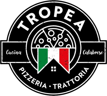 Ein schwarz-weißes Logo für eine Pizzeria mit einer Pizza in der Mitte.