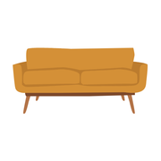Un sofá amarillo con patas de madera sobre un fondo blanco.