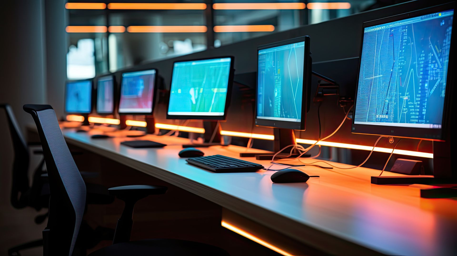 Una fila de monitores de computadora colocados encima de un escritorio.