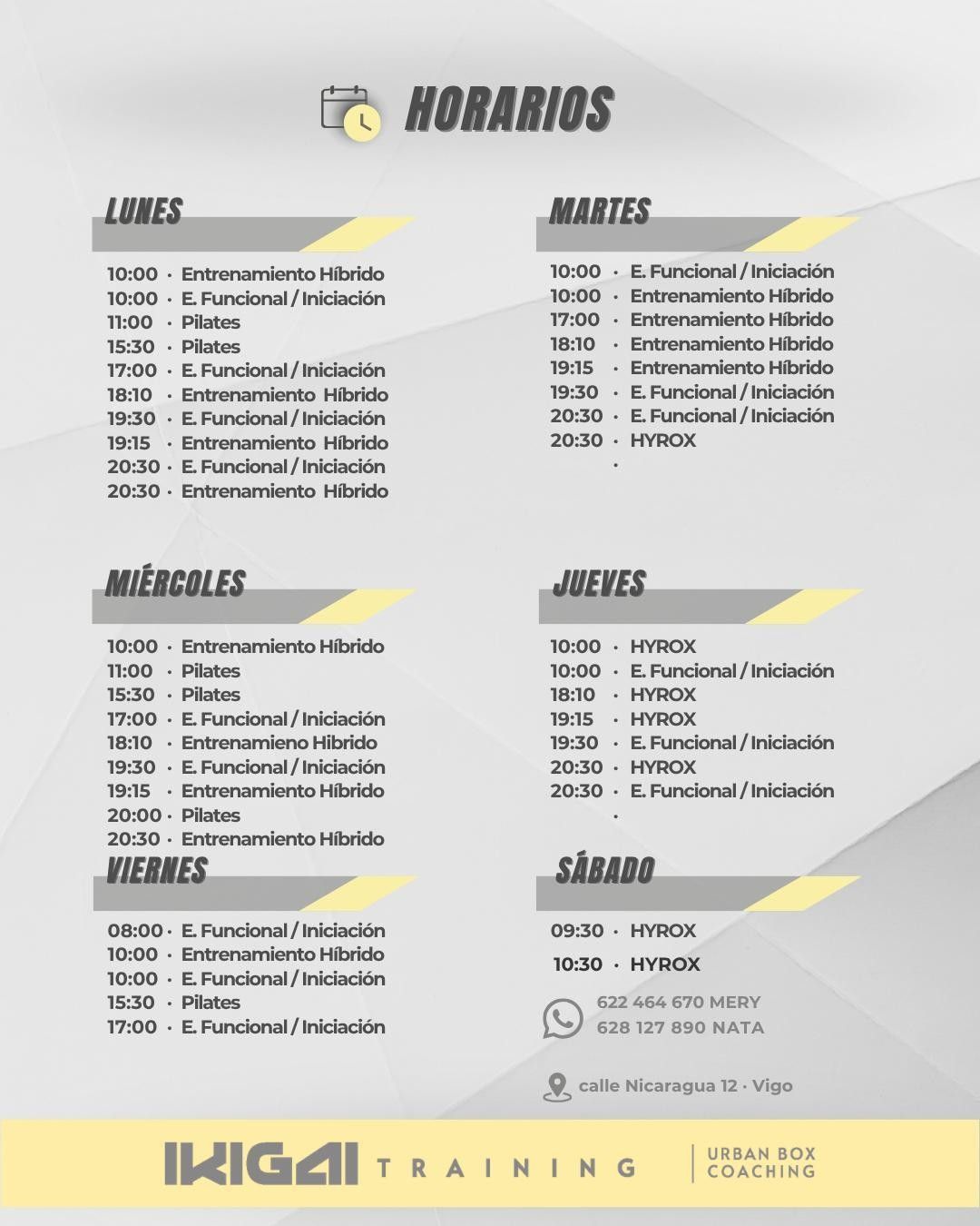 Horario semanal de Ikigai Training con días, horas y clases en fondo gris y amarillo