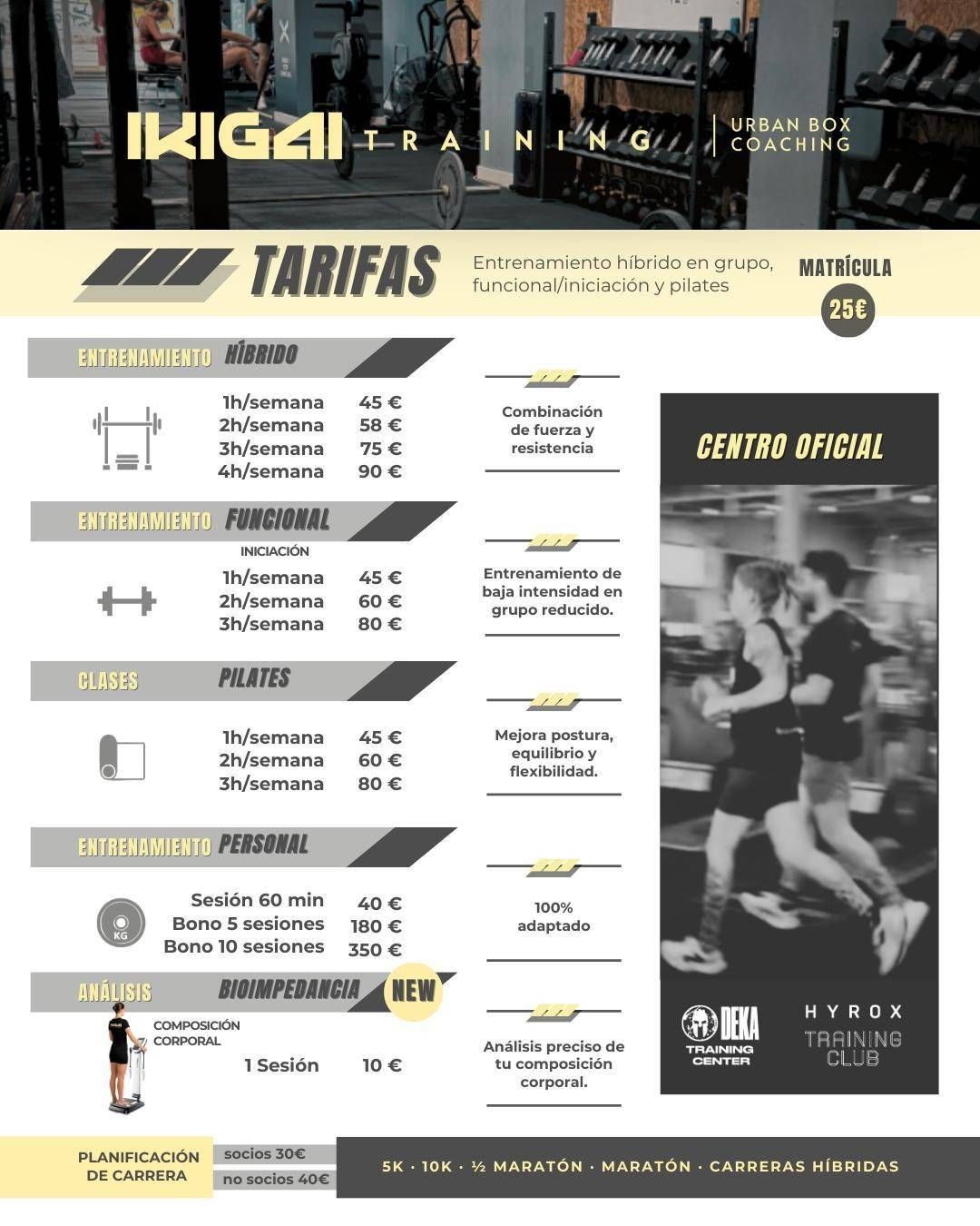 Folleto con las tarifas del gimnasio de kickboxing, con tabla de precios en negro y dorado y panel con el horario de clases.