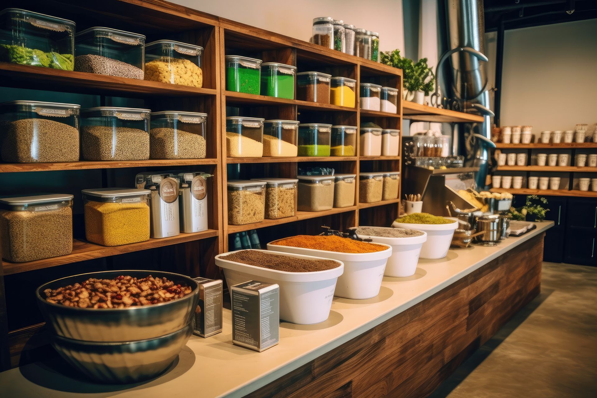Almacén de alimentos a granel: estantes de madera con frascos de granos y un mostrador con contenedores de alimentos.