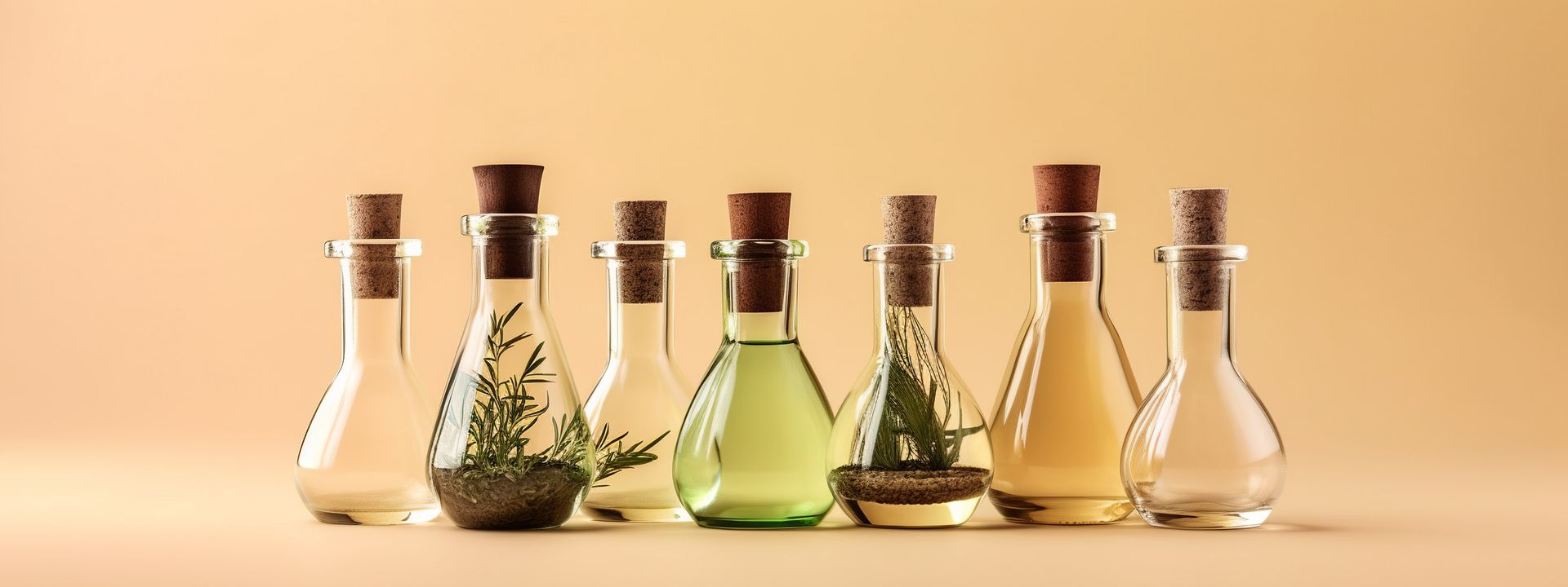 Botellas de vidrio llenas de líquidos de colores, tapones de corcho, sobre un fondo beige.