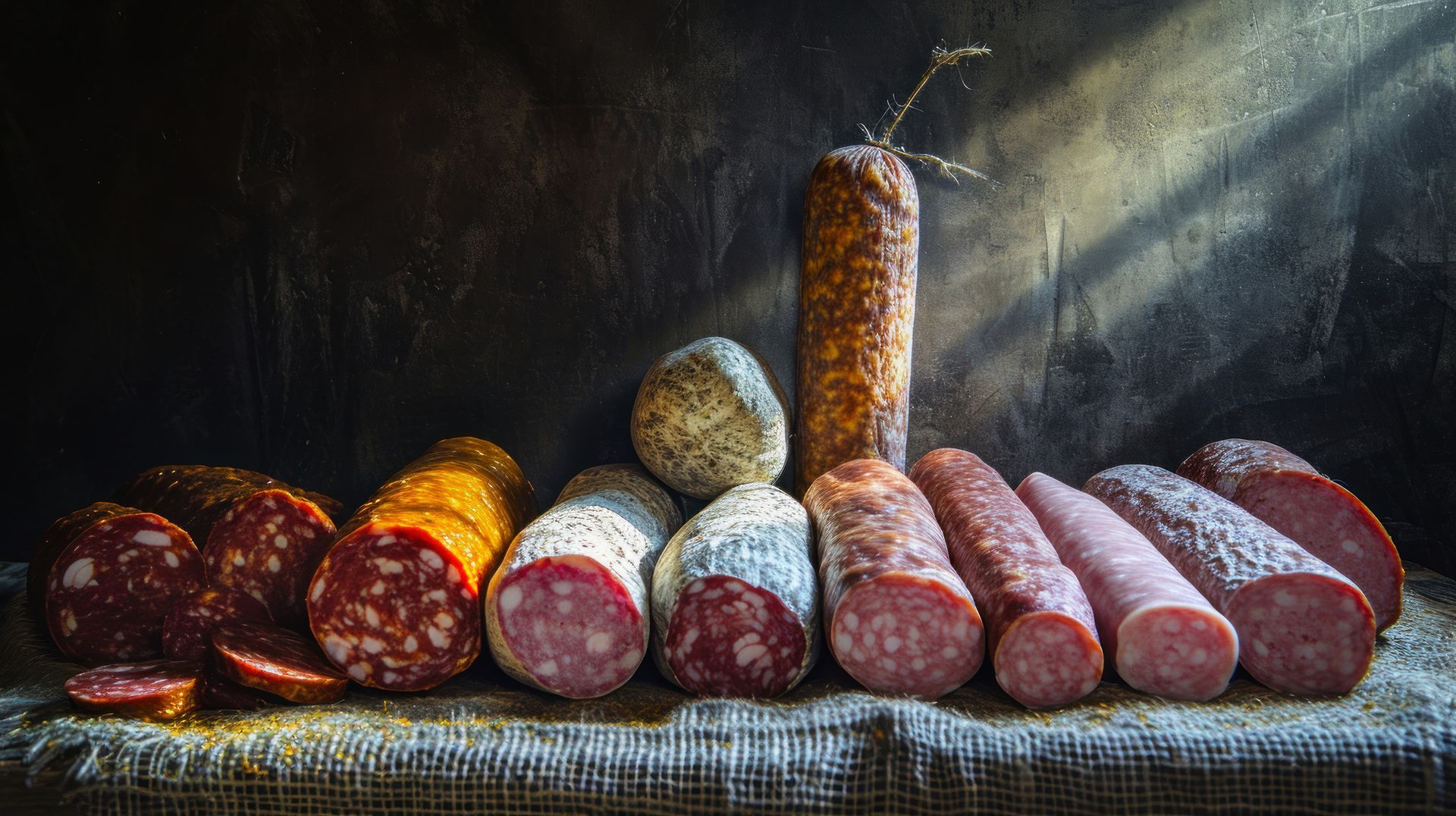 Surtido de embutidos curados sobre arpillera, de diferente color y textura, con fondo oscuro.