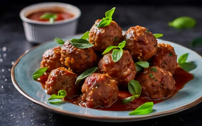 Albóndigas en salsa de tomate con albahaca en un plato azul. Un pequeño tazón de salsa al fondo.