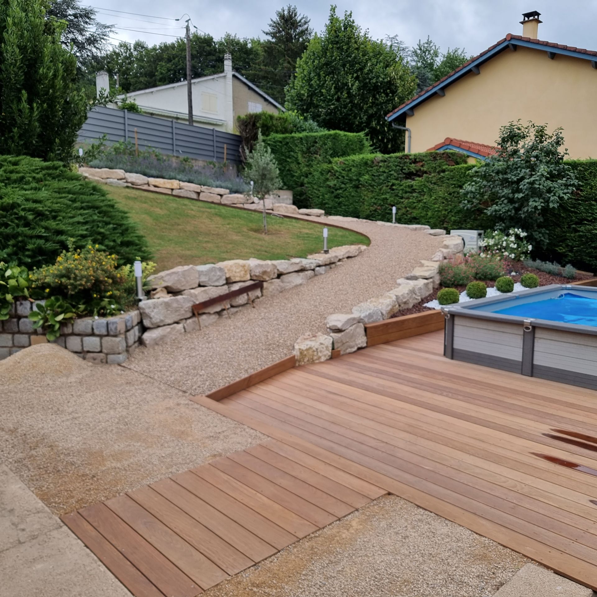 Cour arrière aménagée avec chemin de pierre, terrasse en bois et patio en gravier à côté d'une maison