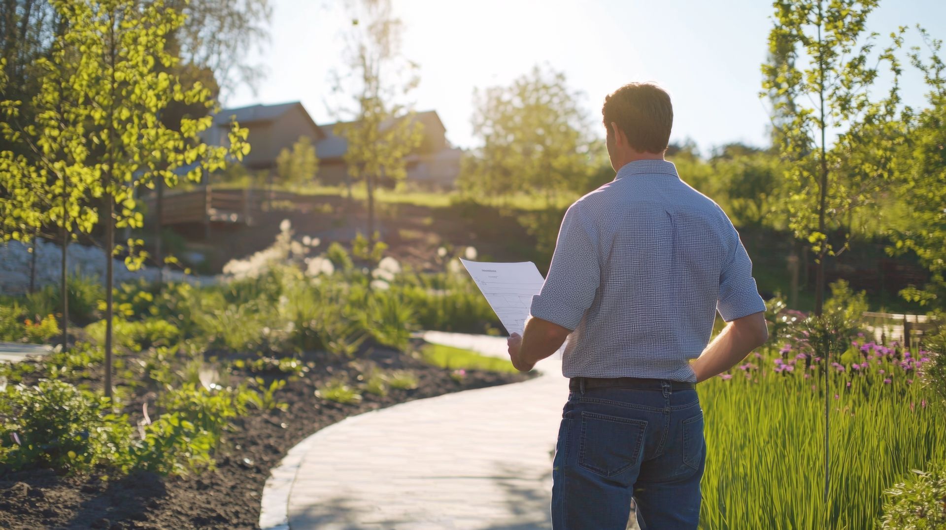 Une personne se tient debout sur un chemin de jardin ensoleillé, lisant un journal dans un parc aménagé.