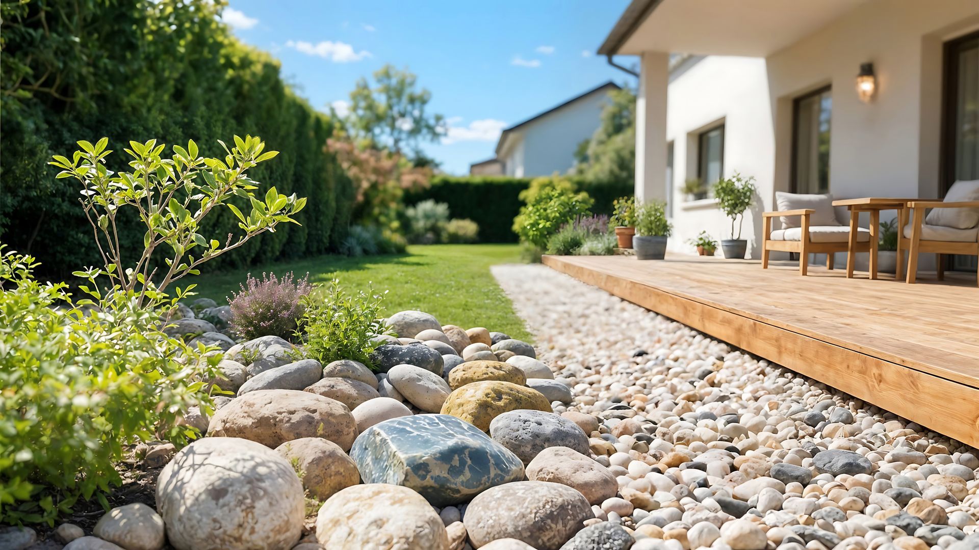 Terrasse moderne dans le jardin, jouxtant un jardin de galets et une pelouse verdoyante, avec terrasse en bois et coin salon de jardin.