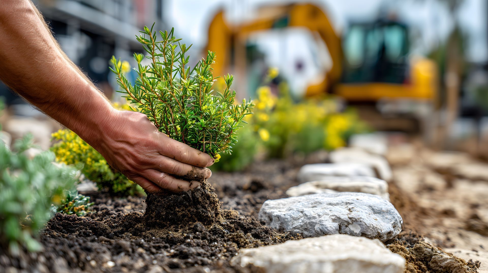 Plantation manuelle d'un petit arbuste vert dans un parterre de pierres, avec des engins de chantier flous en arrière-plan.