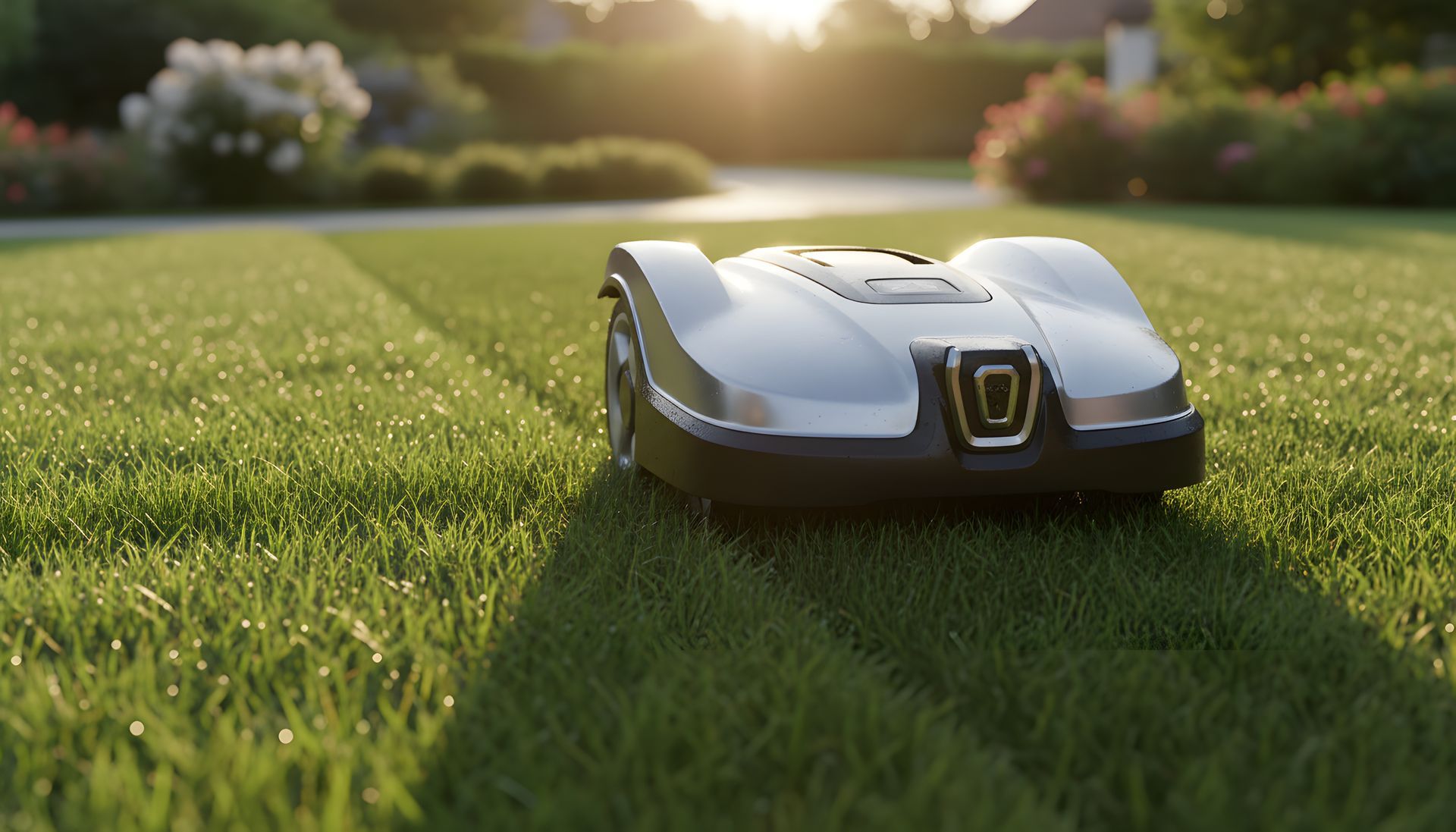 Voiture robotisée compacte argentée sur l'herbe verte dans un champ ensoleillé