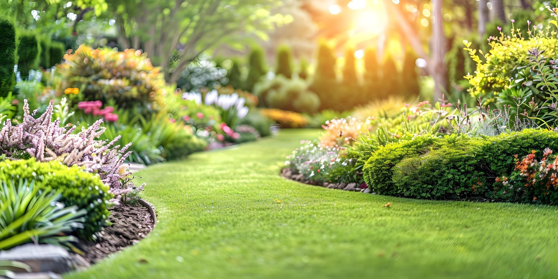 Allée de jardin ensoleillée bordée d'arbustes verdoyants et de fleurs colorées.