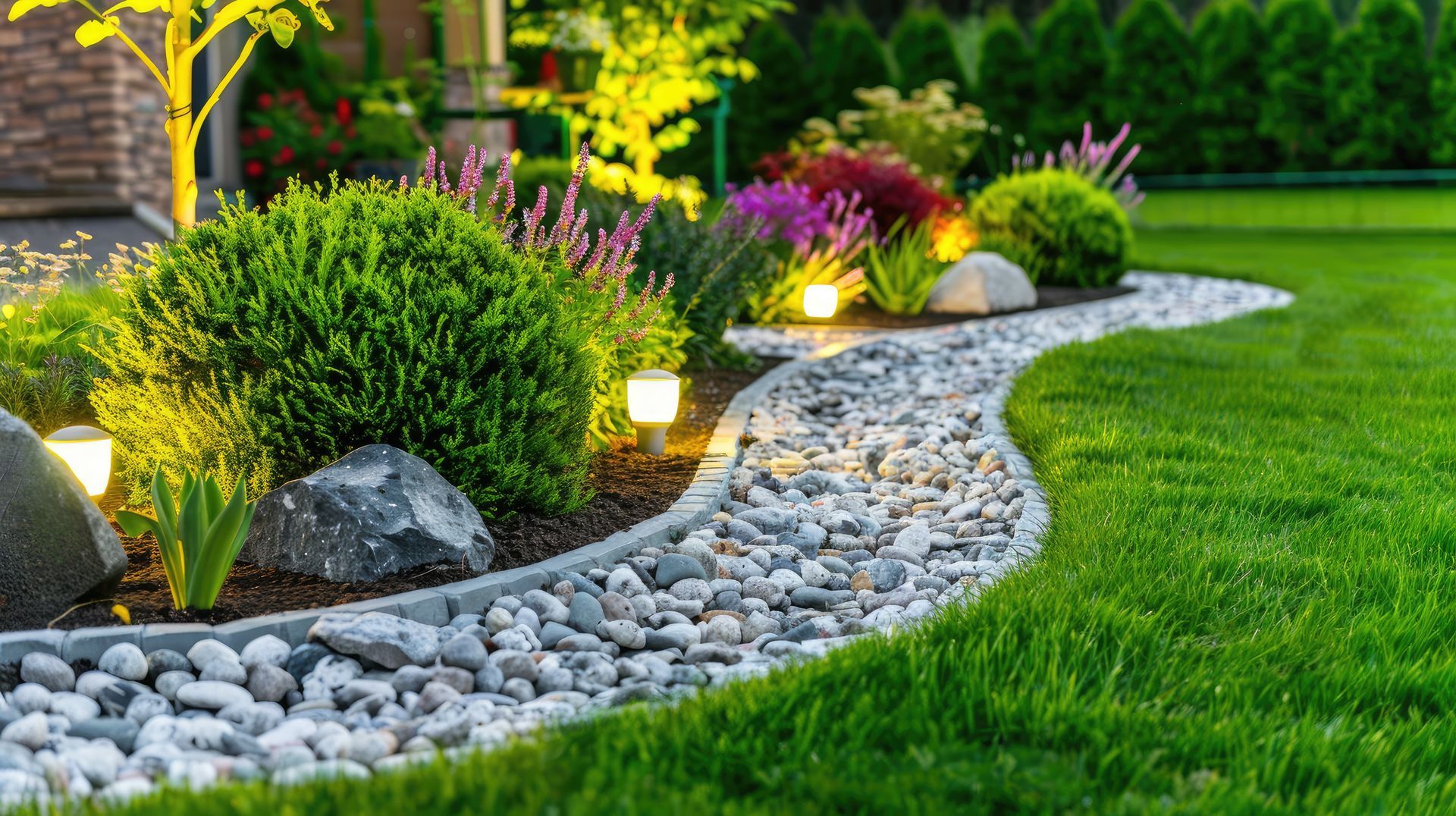 Un chemin de jardin paysager bordé de pierres grises, d'arbustes verts et éclairé par des lampes à la lumière chaude longe une pelouse luxuriante.