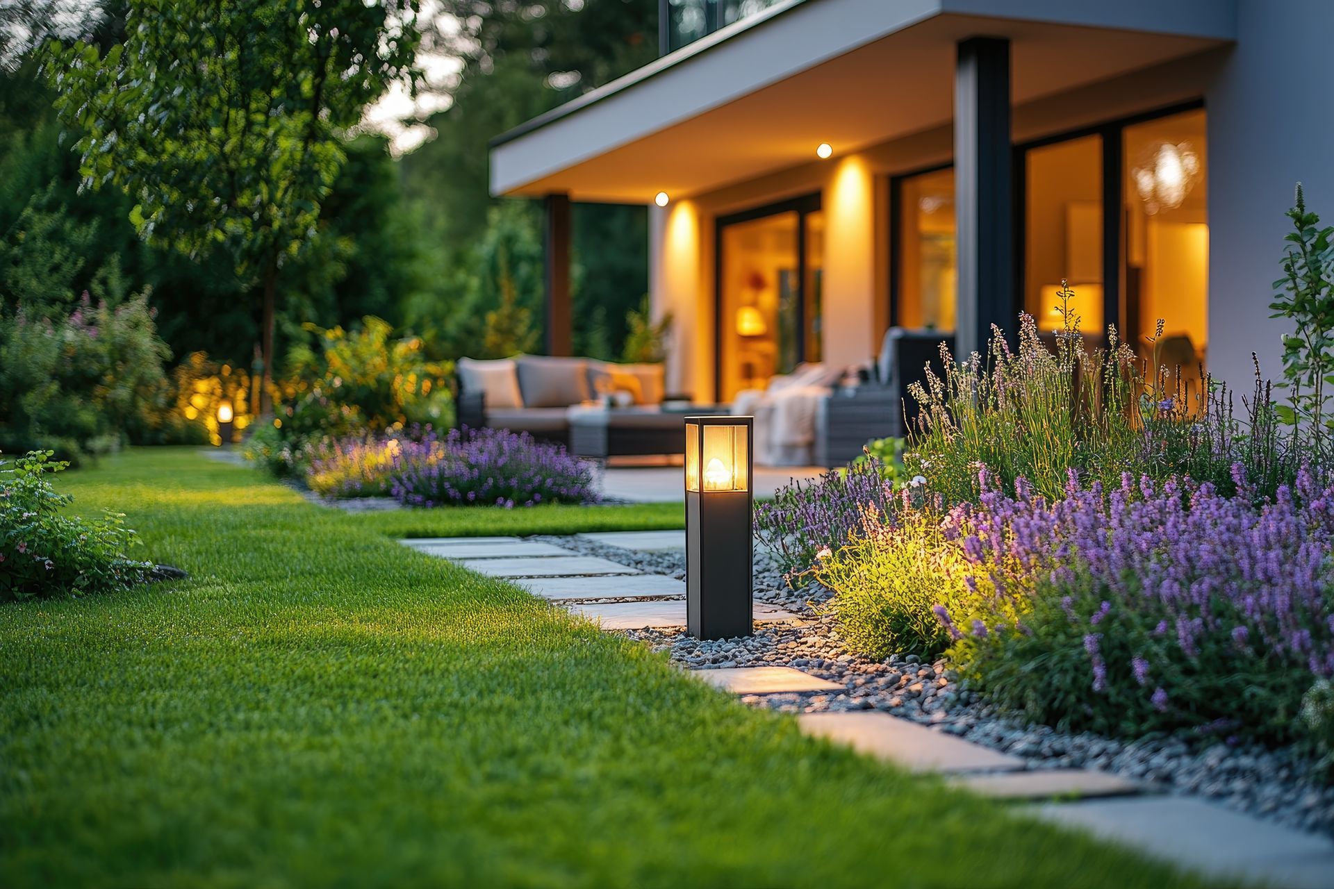 Terrasse d'une maison moderne au crépuscule, avec éclairage chaleureux, chemin de pierre et fleurs violettes bordant une pelouse verdoyante.