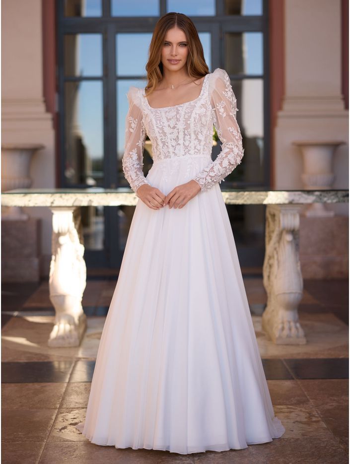 Robe de mariée romantique moderne Everly Binco Evento en dentelle 3D jupe en mousseline