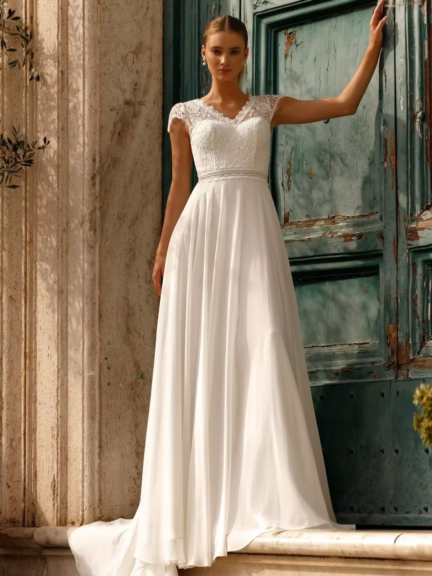 Robe de mariee Ellebeline en dentelle et mousseline