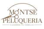 Logo de Montse Peluquería en marrón con tijeras y el texto “Cuidamos tu cabello”