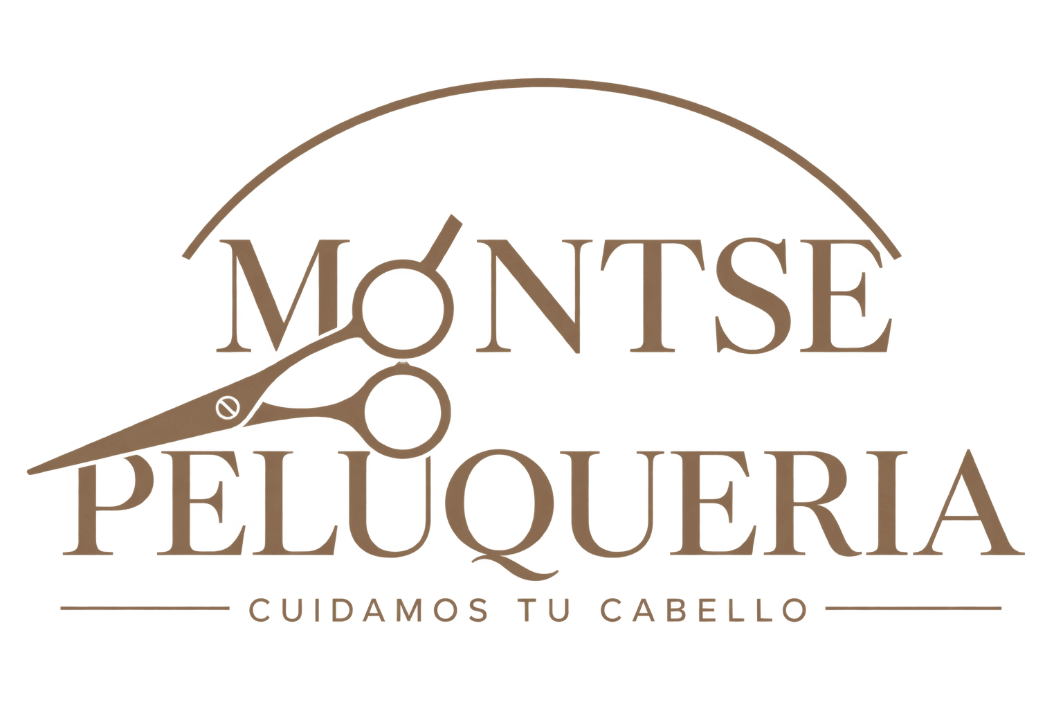 Logo de Montse Peluquería en marrón con tijeras y el texto “Cuidamos tu cabello”