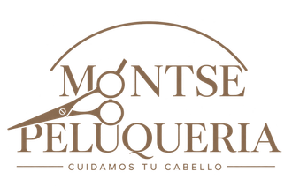 Logo de Montse Peluquería en marrón con tijeras y el texto “Cuidamos tu cabello”