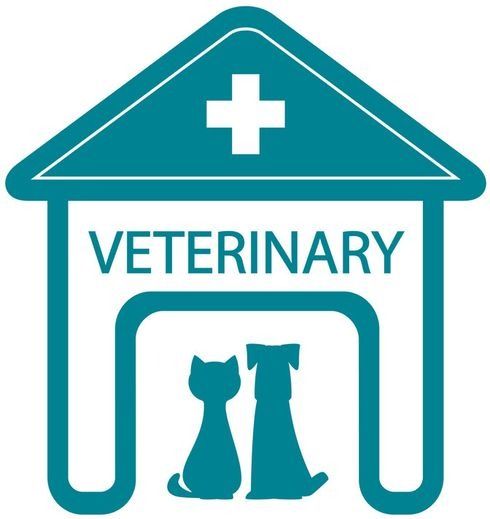 Un logotipo para una clínica veterinaria con dos gatos y una cruz.